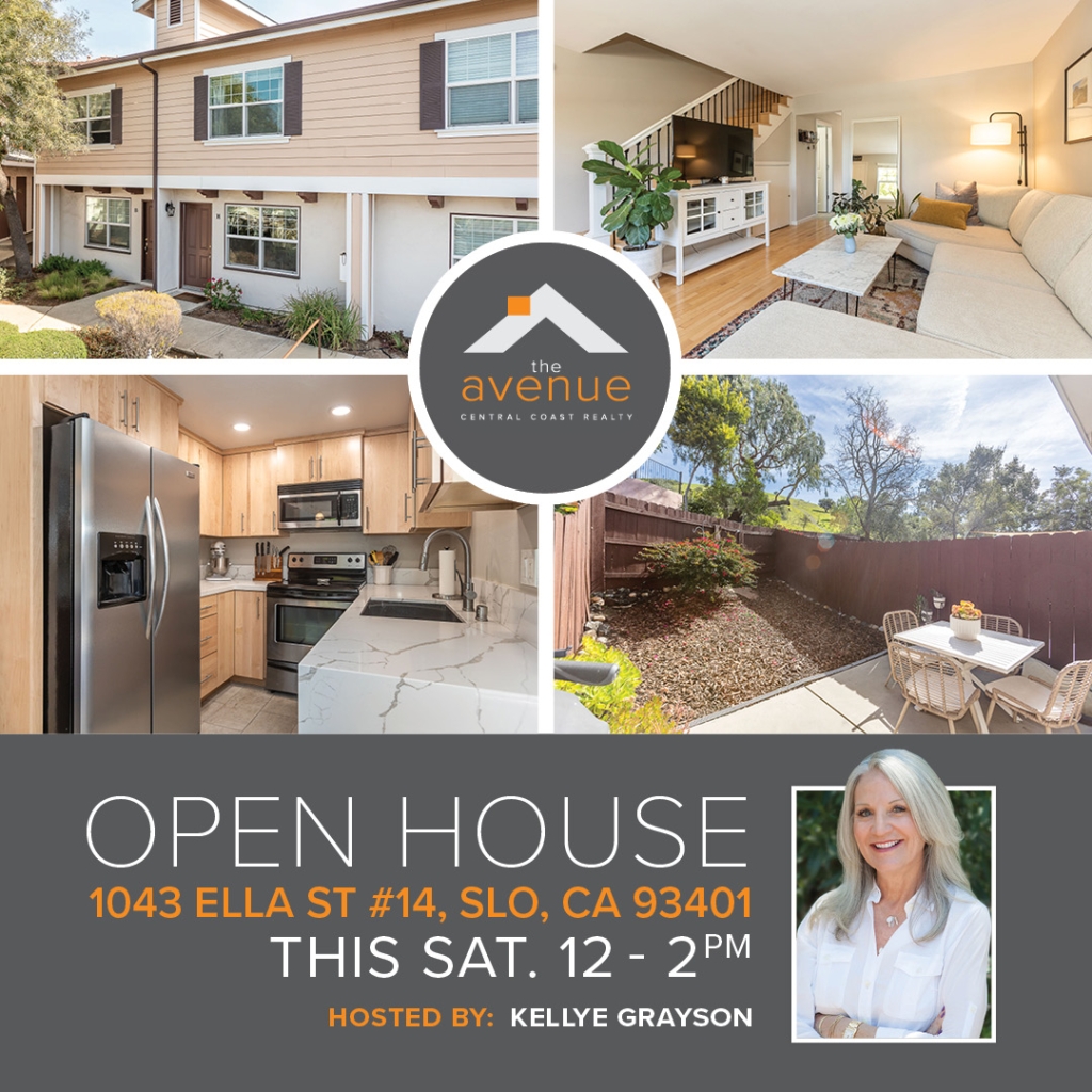 OPEN HOUSE Condo - 1043 Ella St #14, San Luis Obispo Mar 8, 12:00 PM - 2:00 PM 🏡 📞 OPEN HOUSE Condo in SLO this Sat! 🏡 1043 Ella St #14, San Luis Obispo, CA 93401. 12–2pm this Sat, 3/8/25. Rarely on the Market! Stunning 2-Bedroom, 1.5-Bath Condo with Incredible Views. This pristine 2-bedroom, 1.5-bath condo is a rare find, offering a perfect combination of modern updates and unbeatable location.