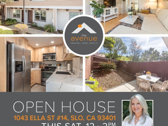 OPEN HOUSE Condo - 1043 Ella St #14, San Luis Obispo Mar 8, 12:00 PM - 2:00 PM 🏡 📞 OPEN HOUSE Condo in SLO this Sat! 🏡 1043 Ella St #14, San Luis Obispo, CA 93401. 12–2pm this Sat, 3/8/25. Rarely on the Market! Stunning 2-Bedroom, 1.5-Bath Condo with Incredible Views. This pristine 2-bedroom, 1.5-bath condo is a rare find, offering a perfect combination of modern updates and unbeatable location.